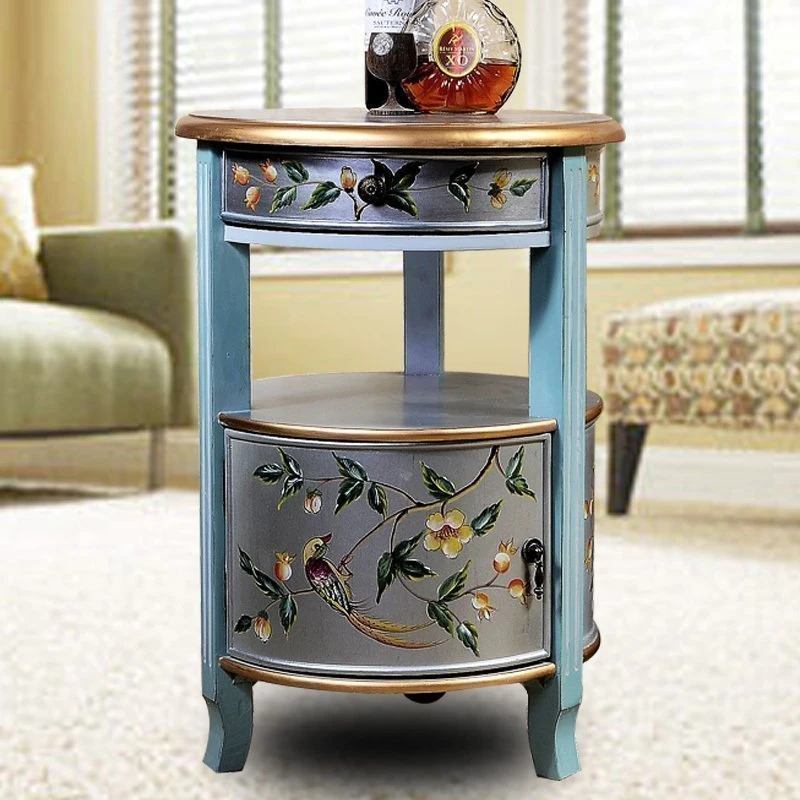 瑞诗欧美式圆角几田园客厅彩绘圆几实木角几边几边柜茶几rs29