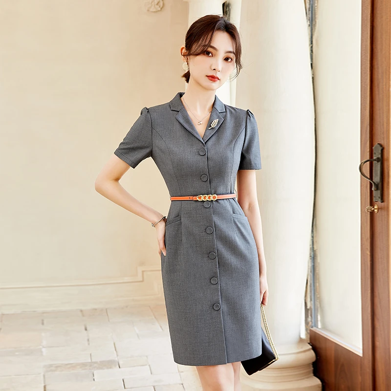 芭妃娅灰色连衣裙职业装珠宝店工作服时尚西装裙短袖夏季洋气通勤