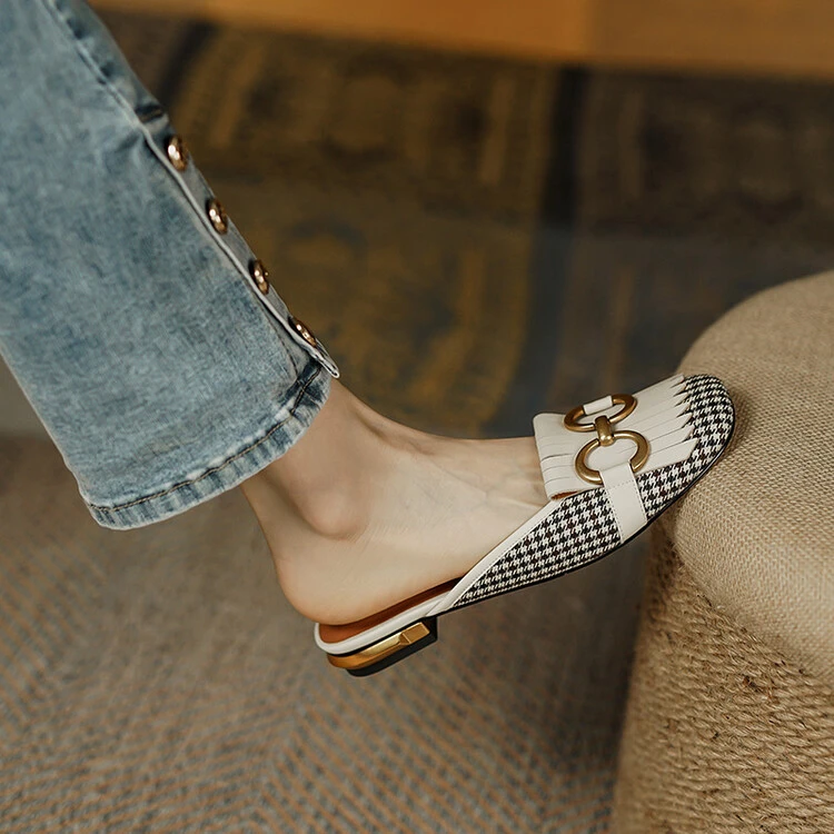 卿王子~牛皮面料2CM包头平底复古拖鞋34-39码，米白色、棕色PS292