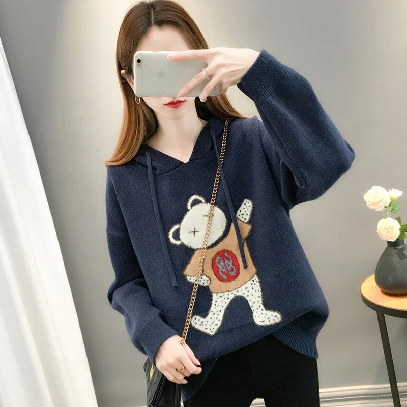 RC【小熊提花帽衫】连帽针织卫衣女宽松外穿女士毛衣