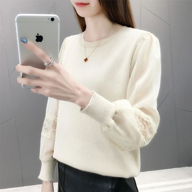 2054【雪纺袖蕾丝拼接针织衫】春夏季新款圆领显瘦女士时尚气质上衣