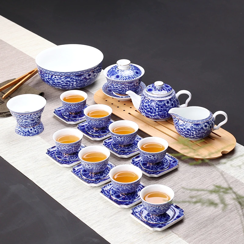 六晋青花瓷缠枝莲功夫茶具套装复古家用泡茶器三才盖碗整套茶壶具