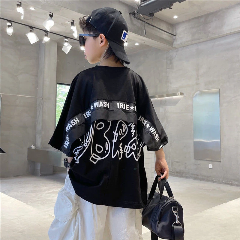 110-160】男童T恤短袖2022夏新款夏季宽松印花上衣中大童洋气t恤