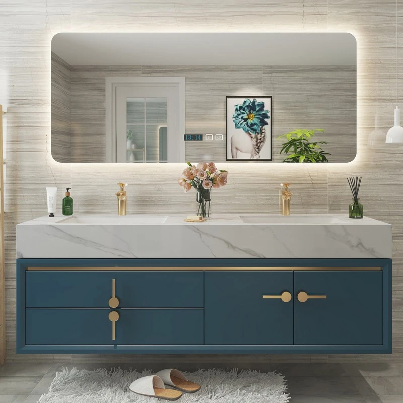 现代简约岩板浴室柜双盆卫生间定制洗手台洗脸洗漱盆柜实木卫浴柜