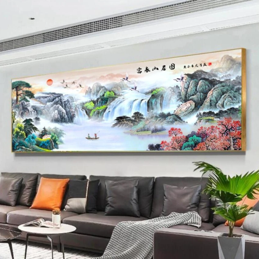 （富春山居图2 横幅画 ）客厅沙发背景墙壁画晶瓷晶钻装饰挂画