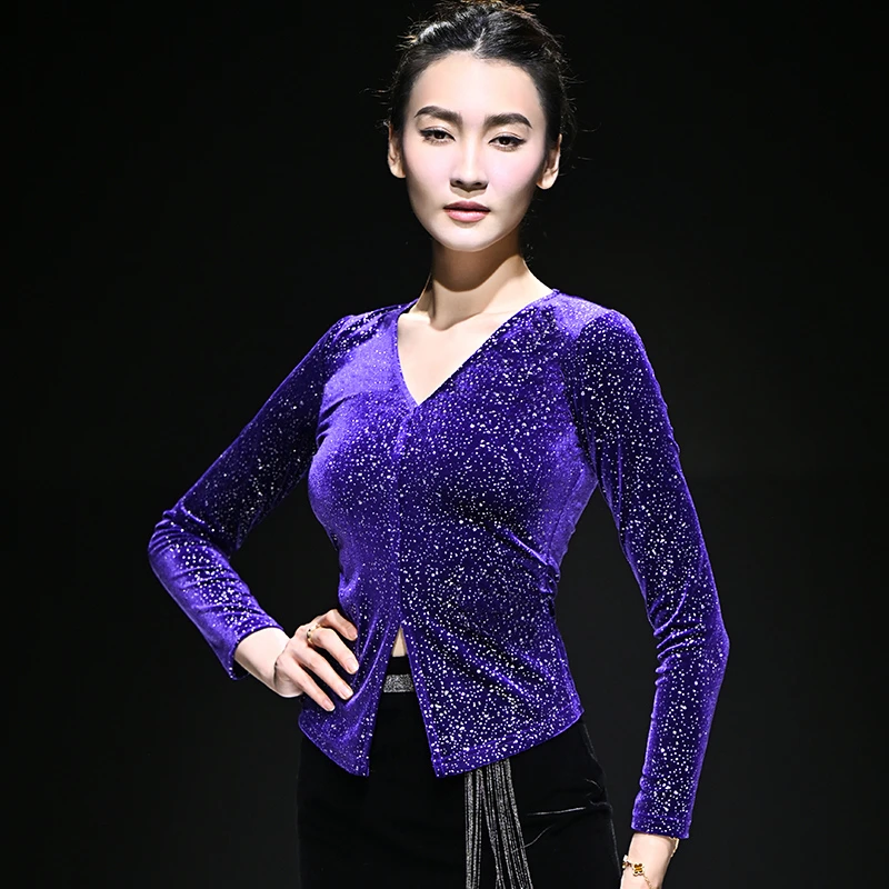 2025秋季新款满天星金丝绒烫银V领修身长袖显瘦百搭打底衫时尚女