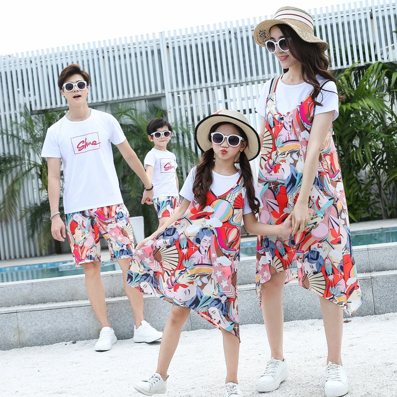亲子装夏装一家三口四口海边度假母女装连衣裙沙滩裙母子套装夏季