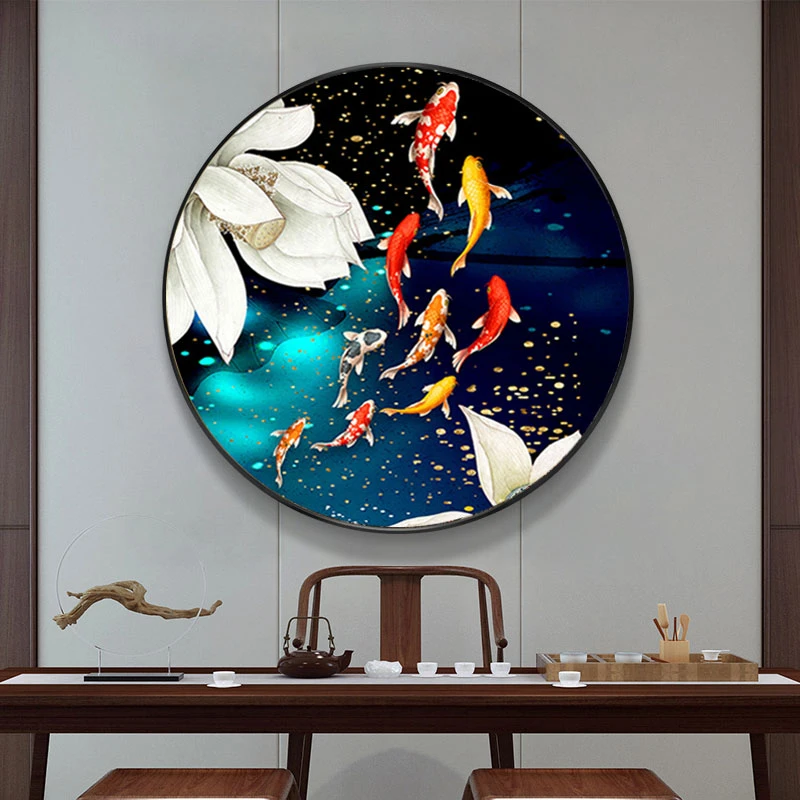 2022年新款5d钻画满钻客厅圆形水晶点粘贴砖十字绣秀2021九鱼图