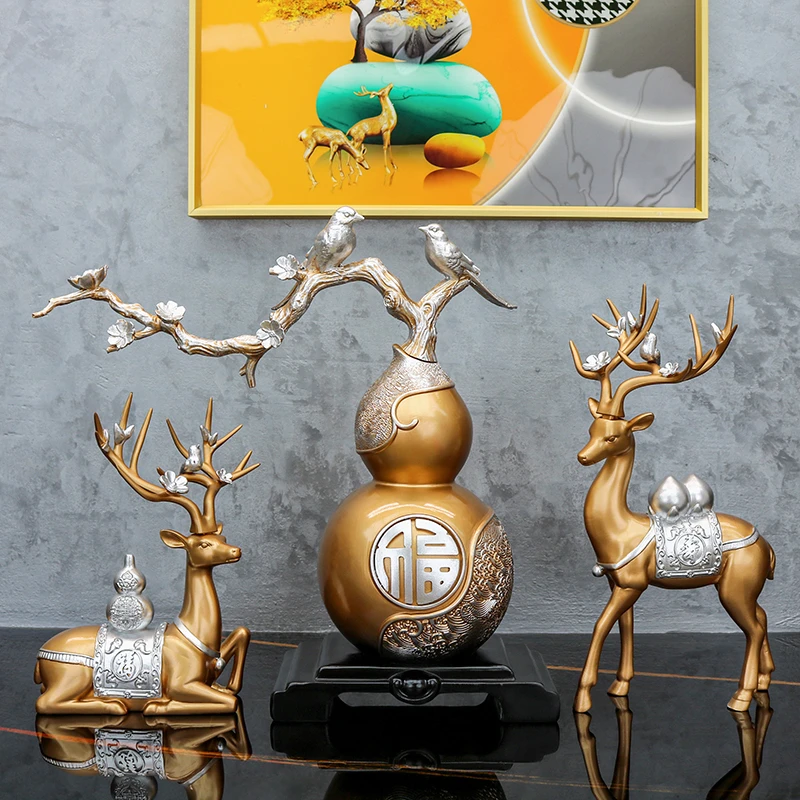 中式新中式葫芦福鹿三件套玄关客厅博古架装饰摆件开业乔迁礼物