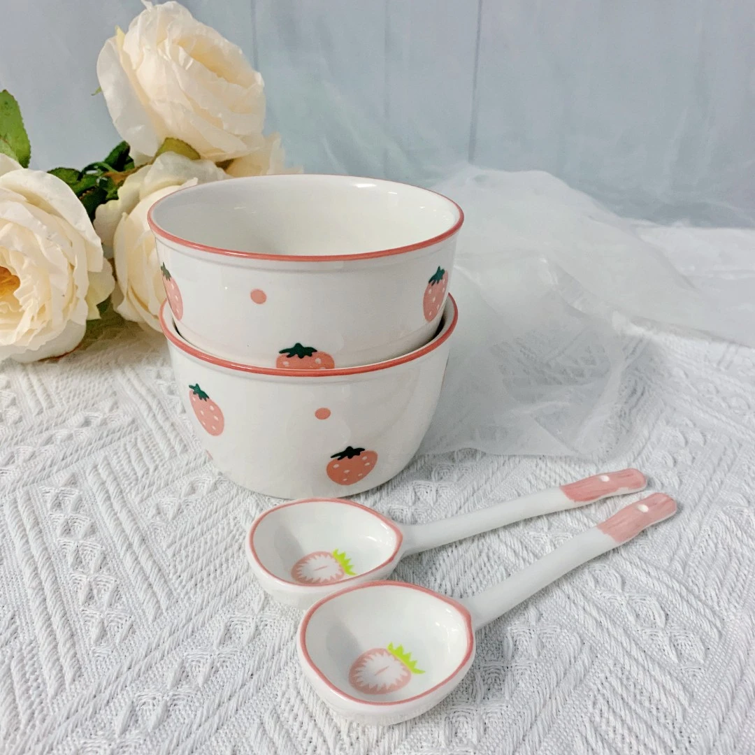 主播宠粉  波点草莓北欧风简约陶瓷餐米饭碗2个+勺子2个