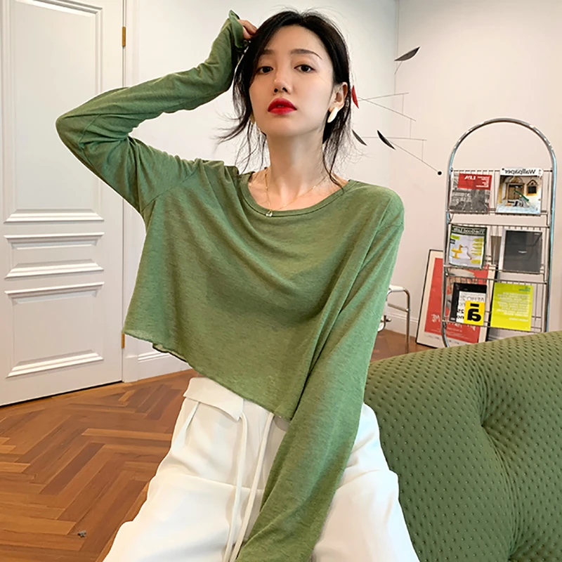 欧美潮牌外搭透感长袖T恤空调衫高腰甜辣露脐短上衣防晒衣女夏薄