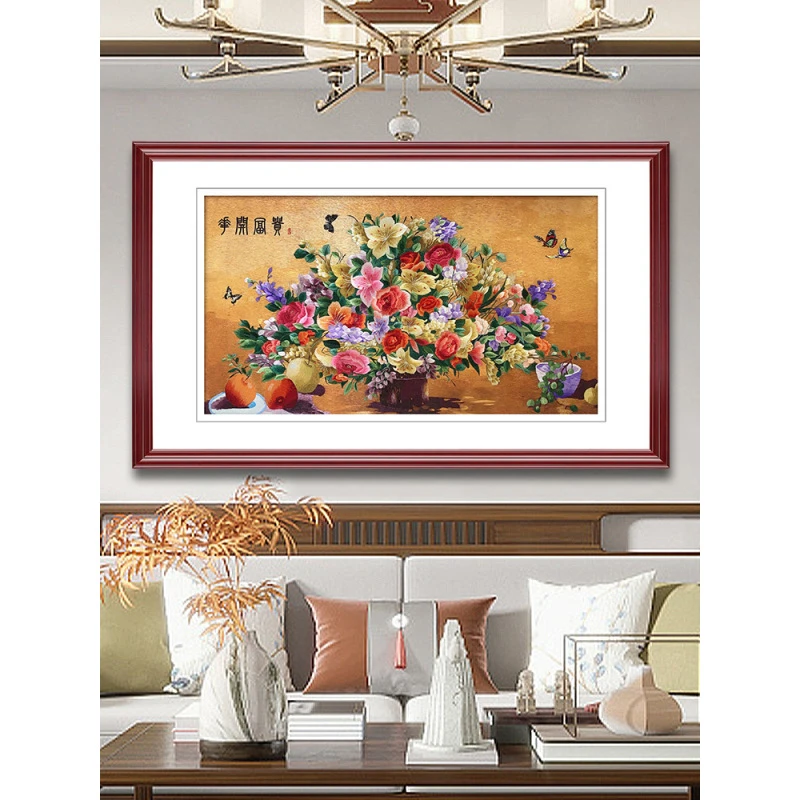 金吴针纯手工刺绣画苏绣成品挂画玄关书房中式风景装饰画花开富贵