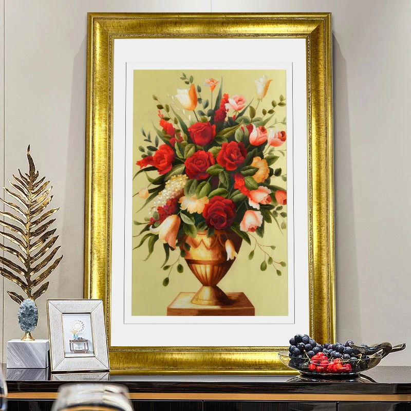 金吴针4丝精品刺绣画纯手工苏绣成品挂画玄关装饰画欧式花瓶静物