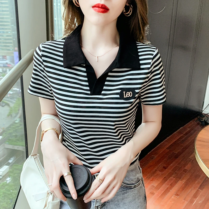 2024夏季新款设计感气质短袖条纹T恤女士修身显瘦小众欧洲站polo