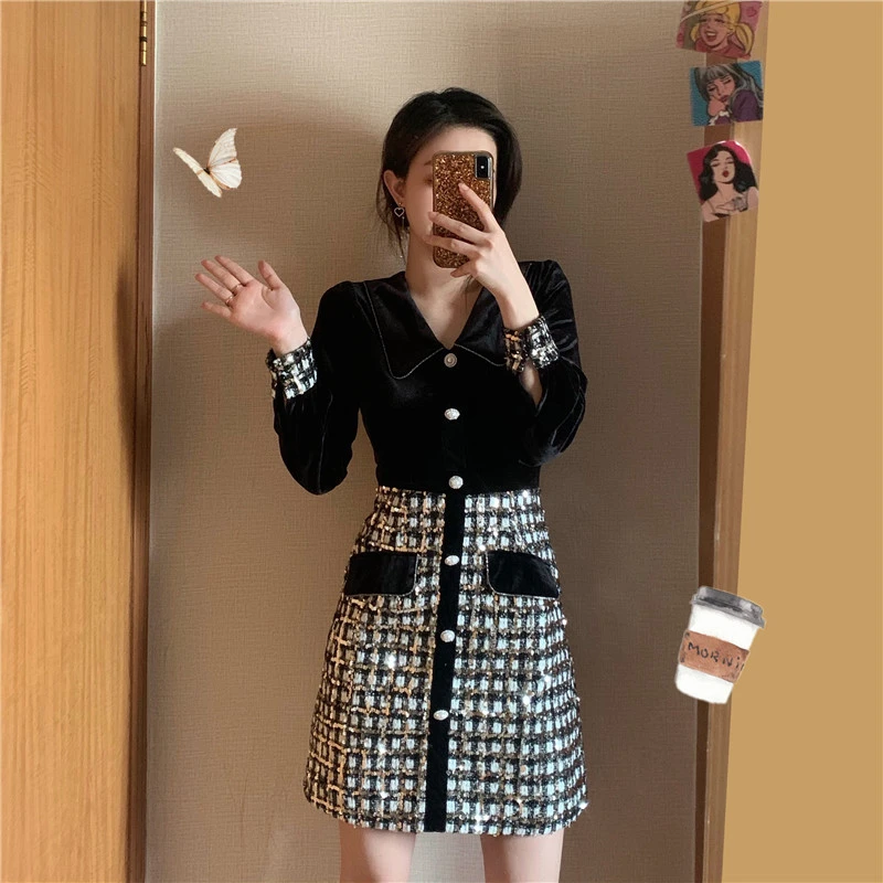 2150小香风黑色连衣裙大码显瘦遮肉打底裙春秋新款气质百搭裙子