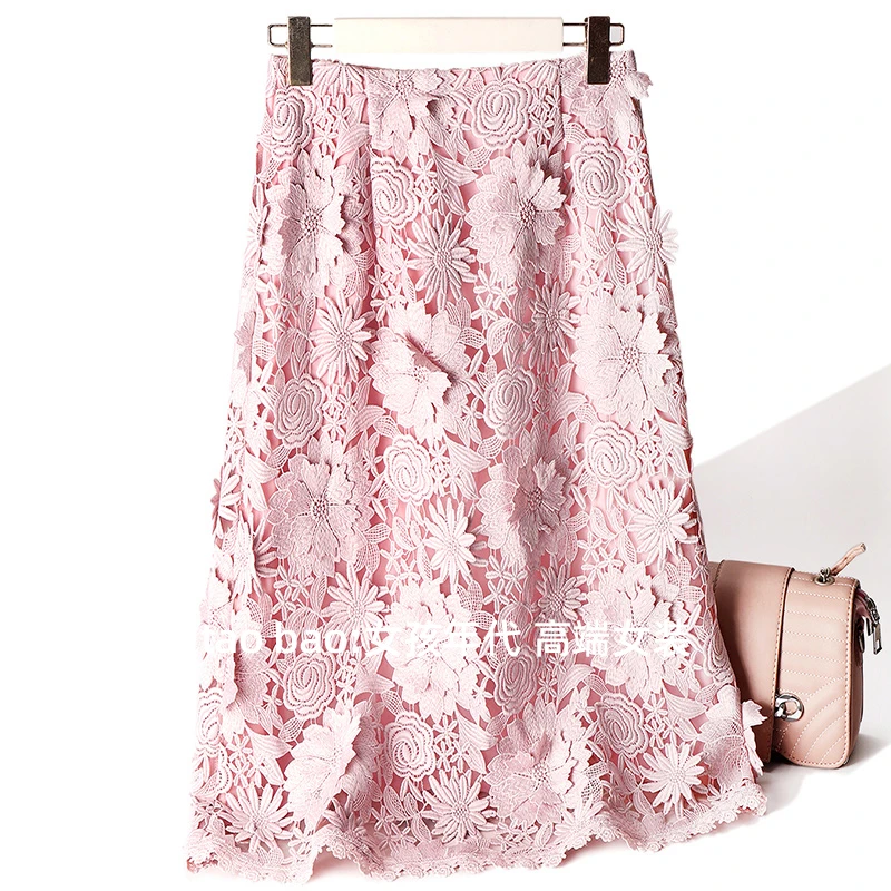 重工立体精致水溶蕾丝花朵A摆半身裙洋气百搭显瘦中长裙新款#50