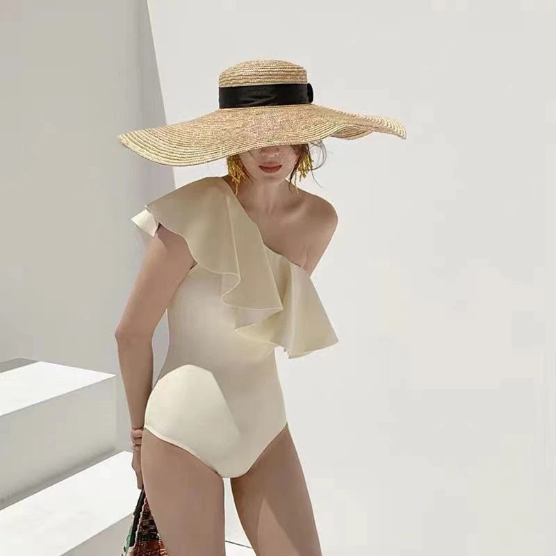 韩国ins风荷叶边斜肩仙女范小胸聚拢露背遮肚显瘦温泉连体泳衣女
