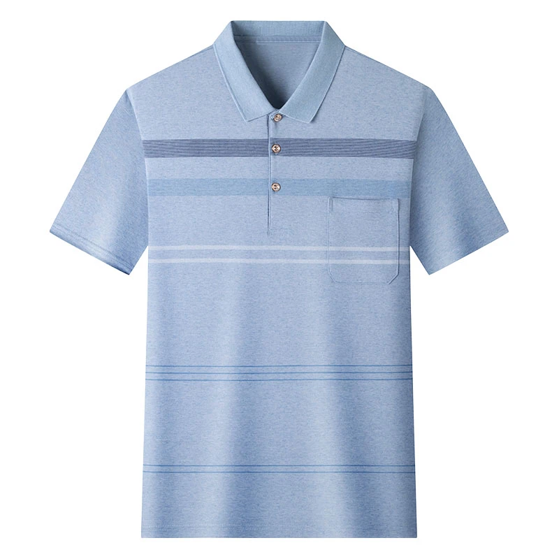 爸爸夏装短袖T恤简约条纹休闲中老年上衣透气polo衫有口袋爷爷装