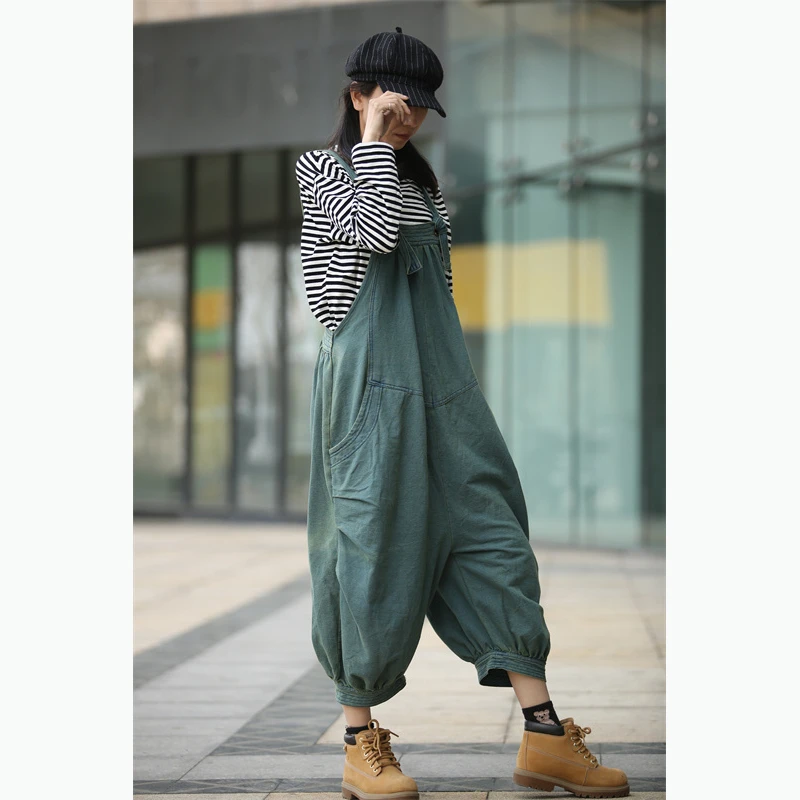 念北穿搭新款九分灯笼裤大凤眼做旧吊带裤显瘦可调节背带裤B