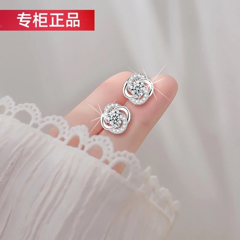 足银耳饰 999纯银耳钉新款四叶草耳环个性气质精致耳饰养耳带证书