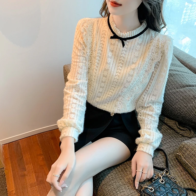 立领荷叶边拼接蕾丝打底衫女秋装洋气内搭上衣别致漂亮小衫 2712