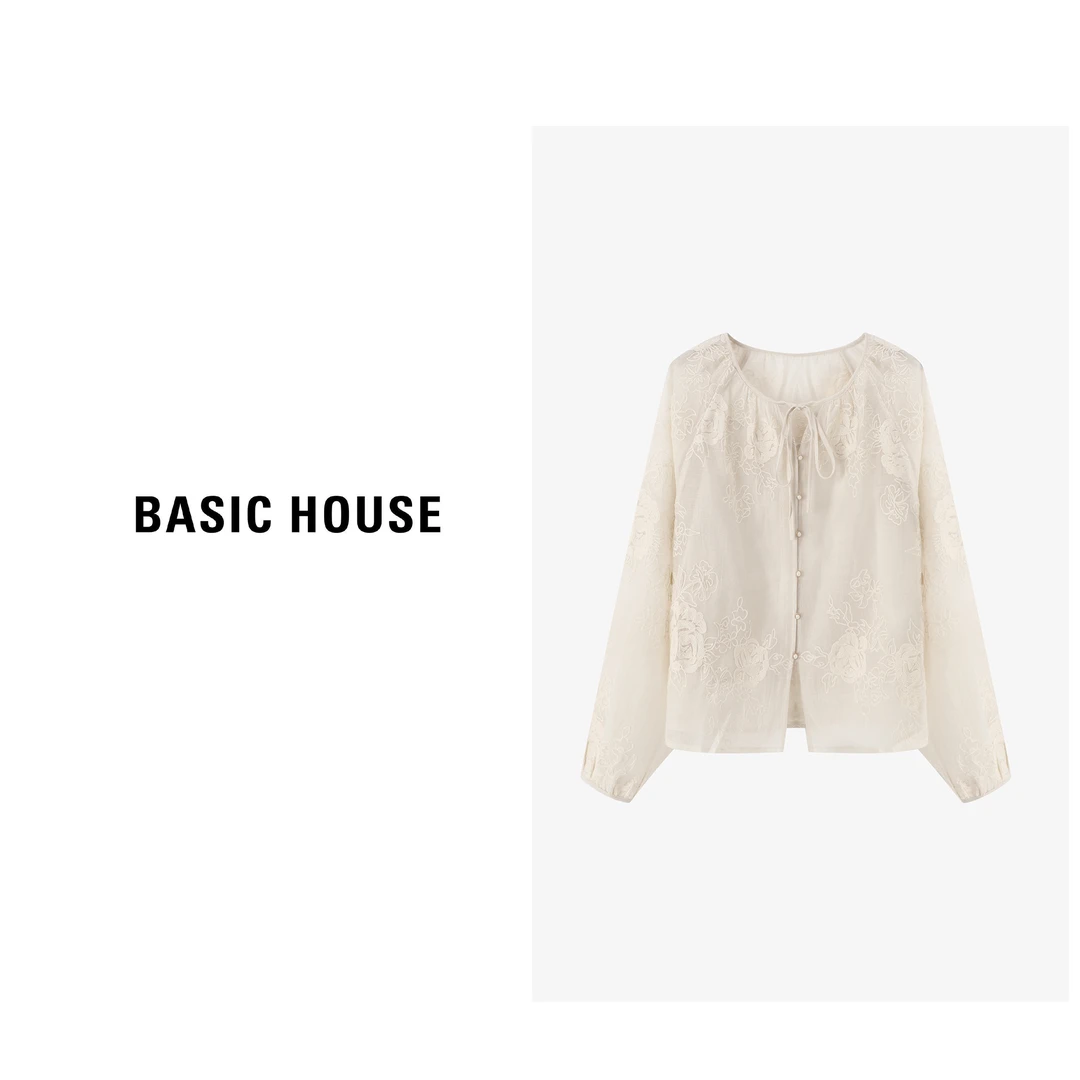 Basic House/百家好【早秋】蕾丝气质衬衣长袖白色衬衫-B0624S5X562