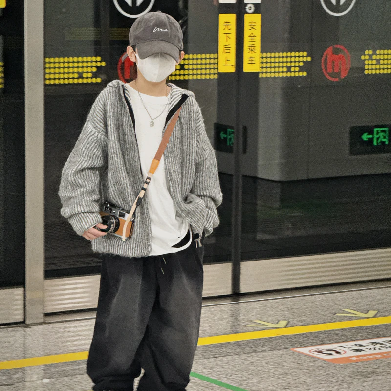 男童毛衣开衫外套秋装2024新款儿童洋气连帽拉链衫男孩上衣针织衫