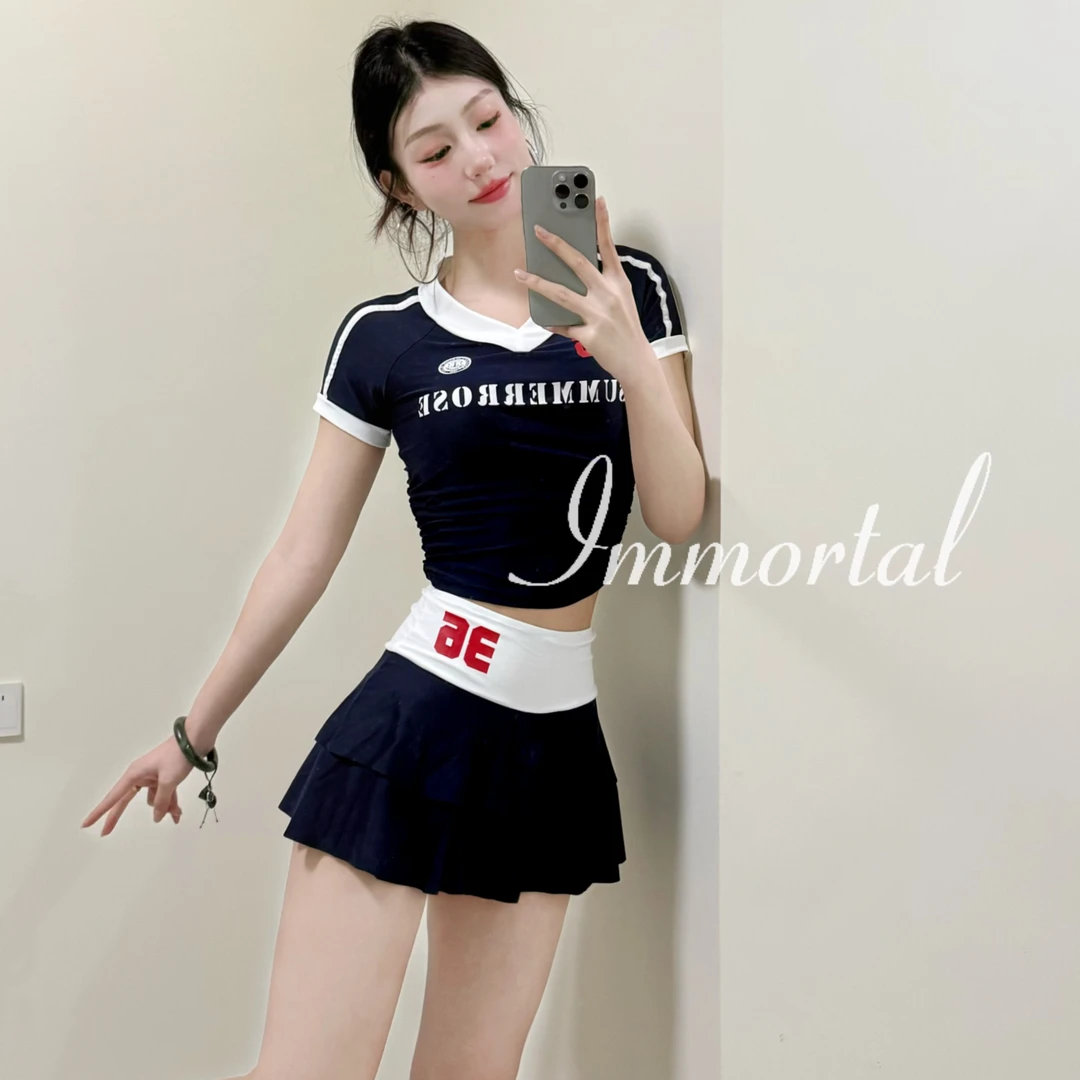 IMMORTAL时尚泡温泉分体裙式泳衣女款新款短袖V领辣妹运动泳衣