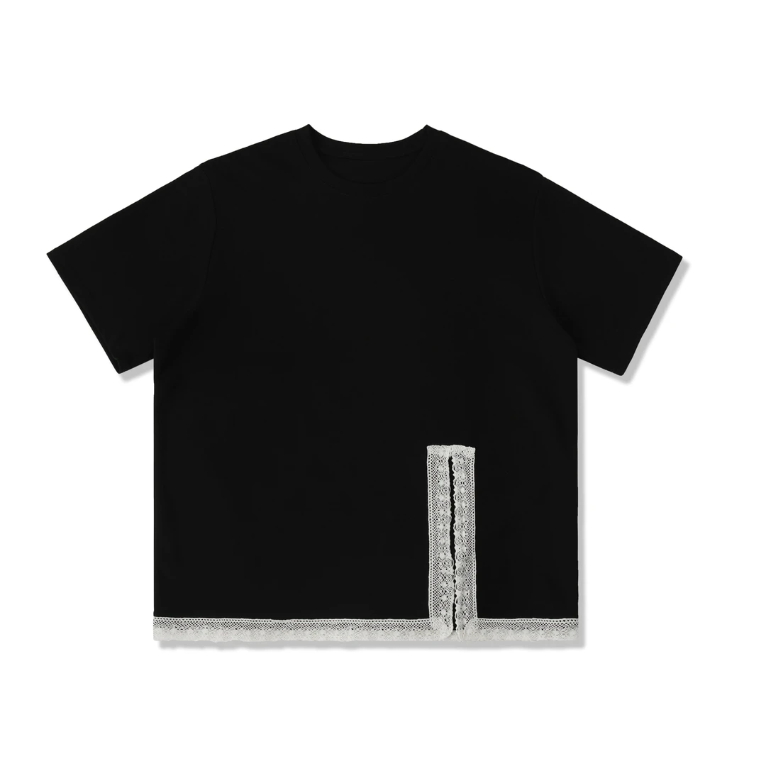 【淡雅花边】夏季时尚宽松简约百搭休闲潮流圆领单侧花边insT恤3853