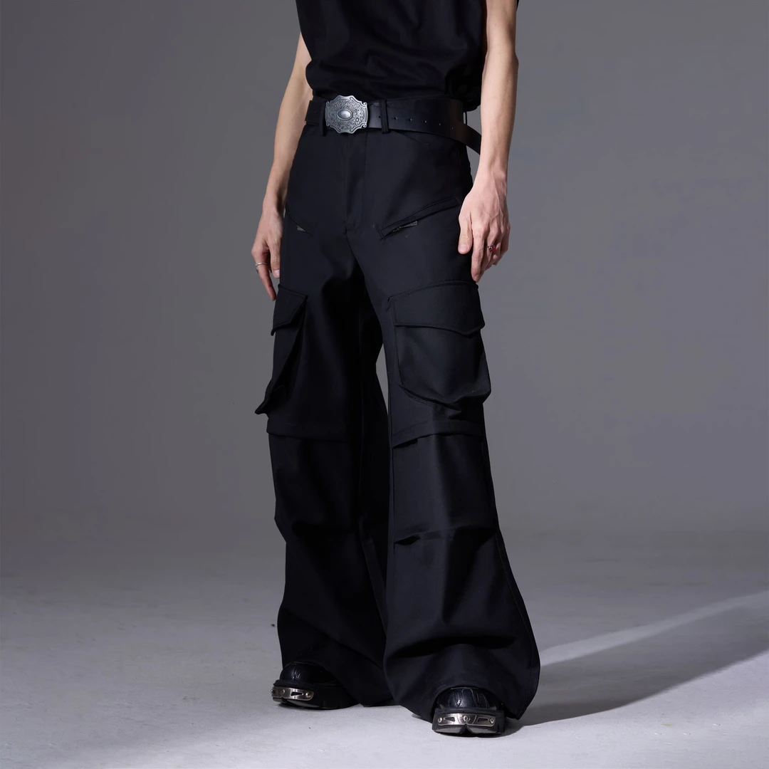 无人孤岛 小众立体大口袋拼接直筒工装裤高级褶皱设计感宽松长裤