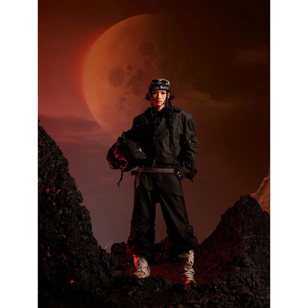 无人孤岛 原创拼接解构小众设计牛仔裤宽松直筒黑色长裤休闲裤4