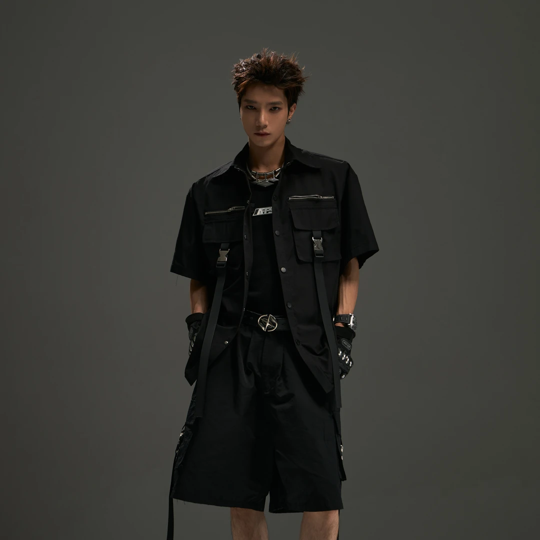 无人孤岛 个性高级感工装口袋拼接飘带衬衫宽松休闲潮流短外套