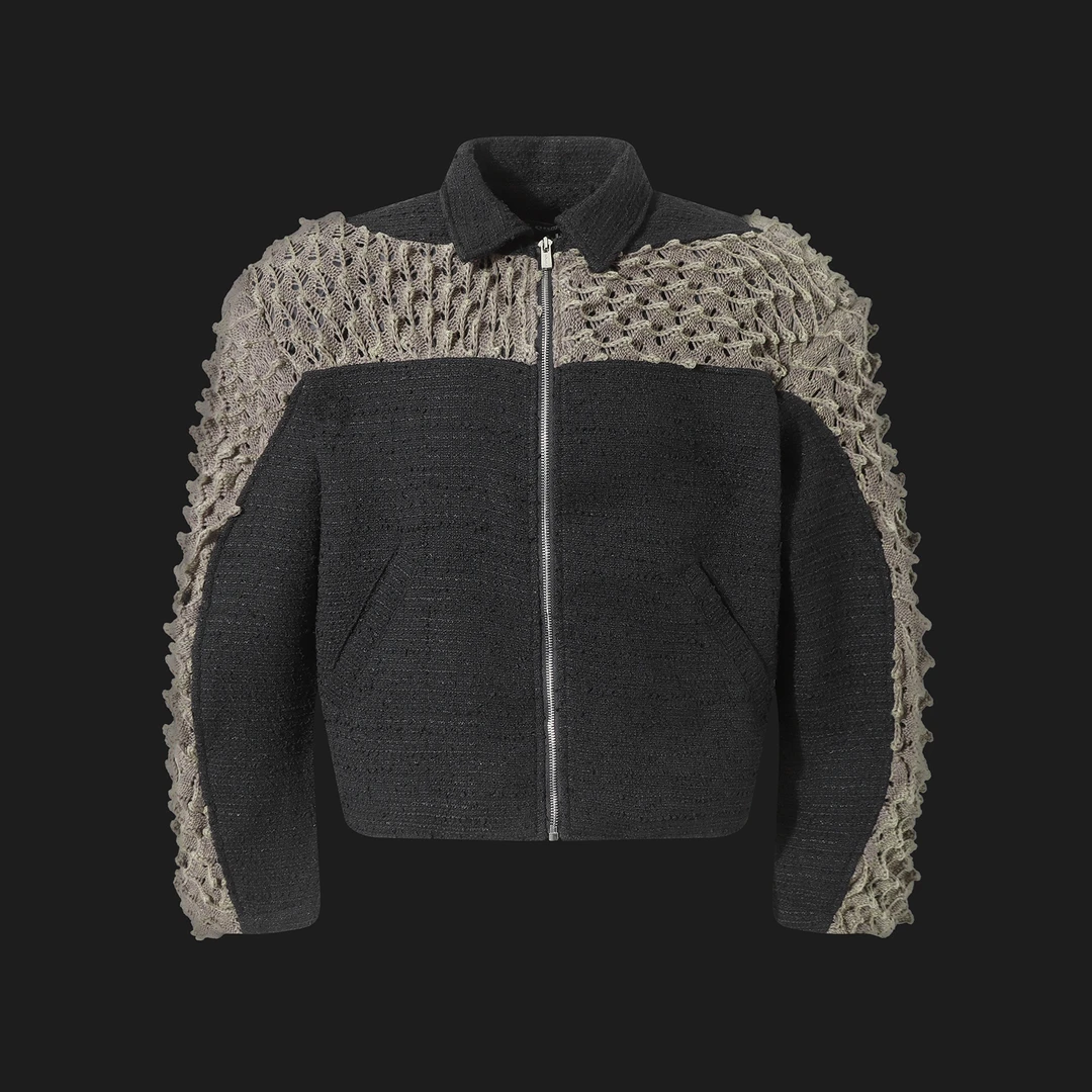 无人孤岛 原创小众短宽夹克拼接针织肌理感设计款外套QC