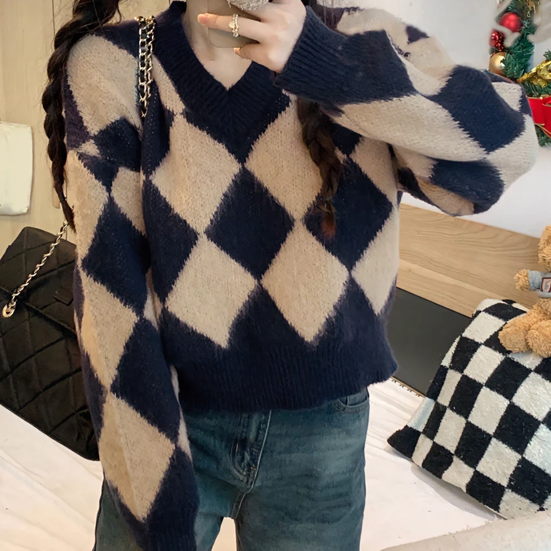 毛衣网红百搭外穿慵懒风秋冬针织毛衣套头格子棋盘格宽松菱格冬季