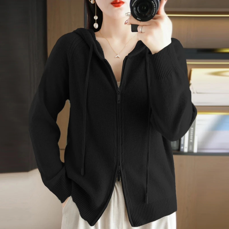 秋冬新款开衫加厚长袖针织毛衣双拉锁帽衫女保暖内搭百搭外套时尚
