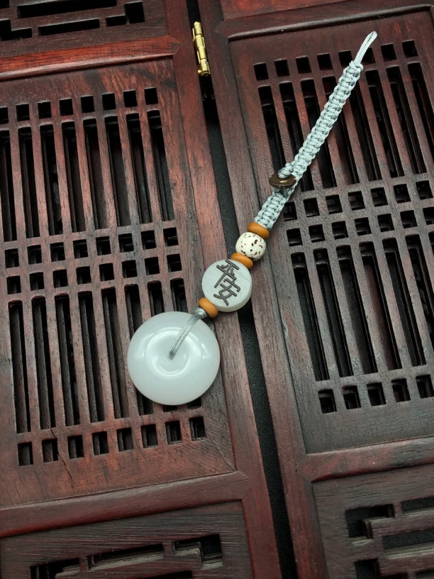 天然玉石钥匙扣 手工编织平安扣 复古中国风金丝玉白玉挂饰
