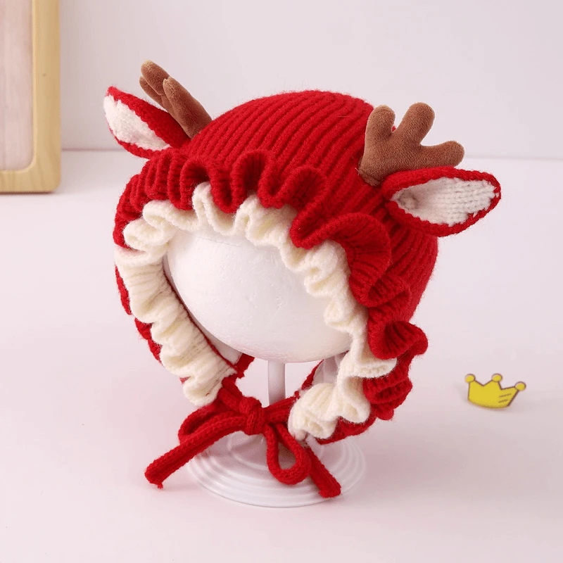秋冬季宝宝帽子卡通婴幼儿可爱鹿角毛线帽冬天圣诞儿童护耳保暖帽