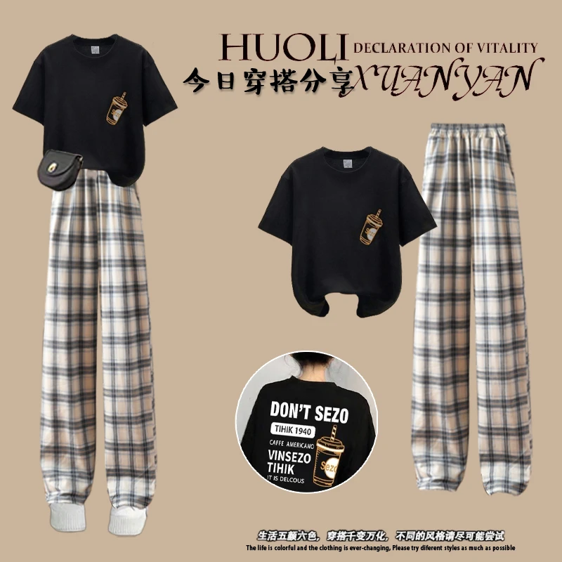 中大童休闲套装夏季学院风女童10-12岁潮流格子裤两件套运动衣服