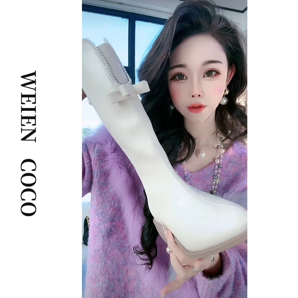 【薇恩COCO】时尚百搭秋冬珍珠蝴蝶甜美粗跟长筒靴子X2337