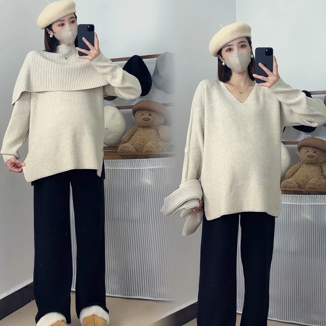 【林希】定制版韩系披肩针织毛衣孕妇秋冬新款法式慵懒风设计感上衣
