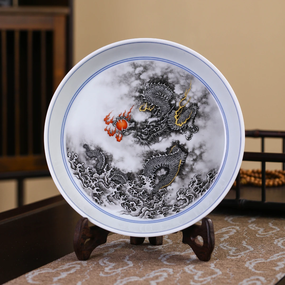 景德镇陶瓷水墨腾龙功夫茶具套装壶承