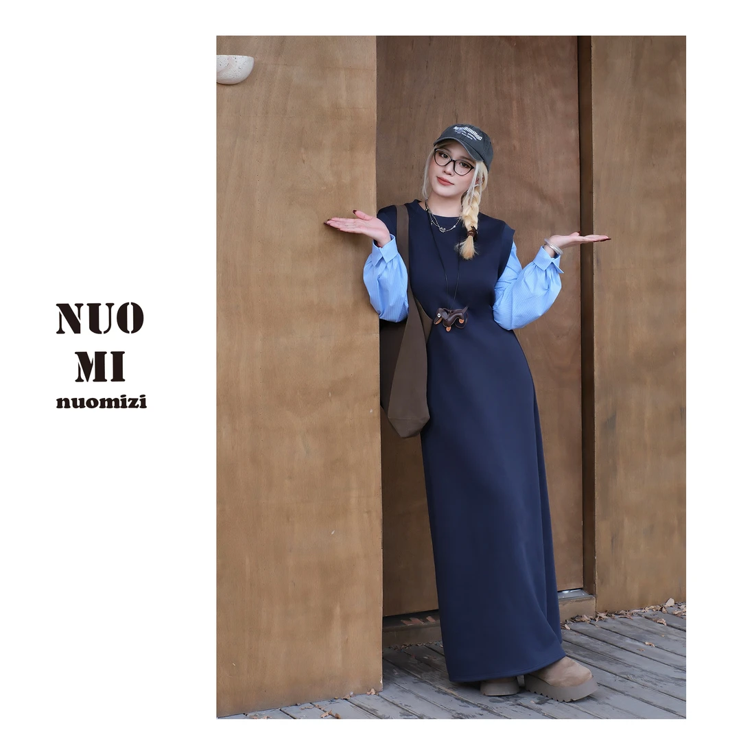 ZOZ糯米子[梨形天菜]假两件拼接连衣裙女韩系收腰宽松休闲长裙