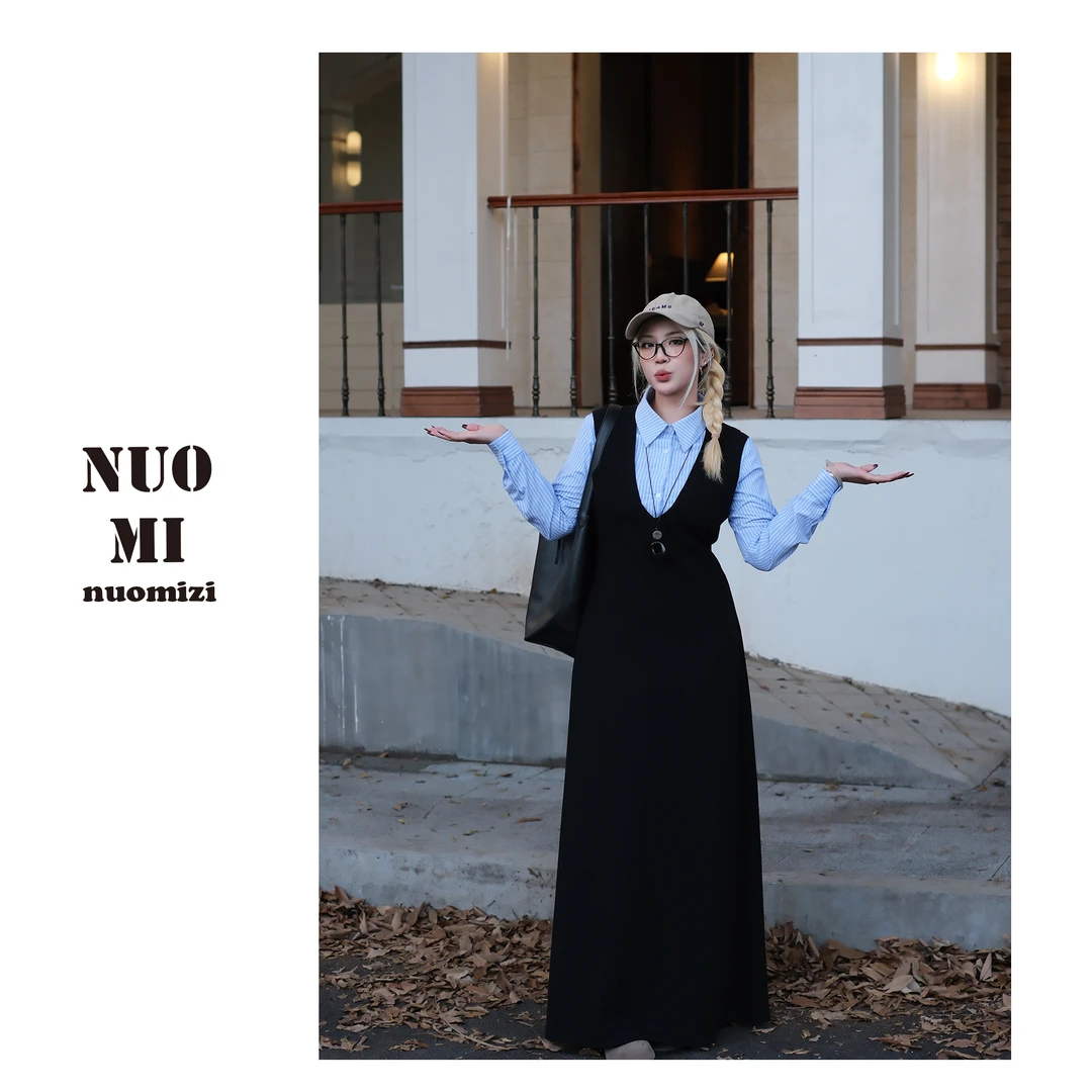 ZOZ糯米子[韩女]假两件连衣裙女秋冬加绒学院风衬衫裙大码长裙子