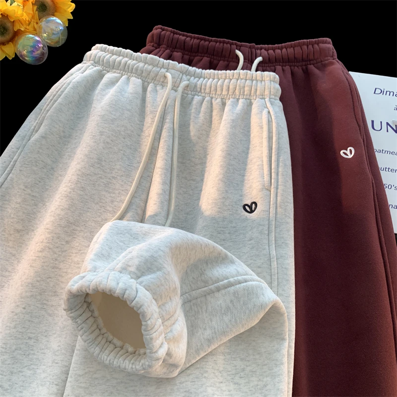 美式复古束脚卫裤男秋冬加绒加厚运动裤潮牌刺绣直筒宽松休闲裤子