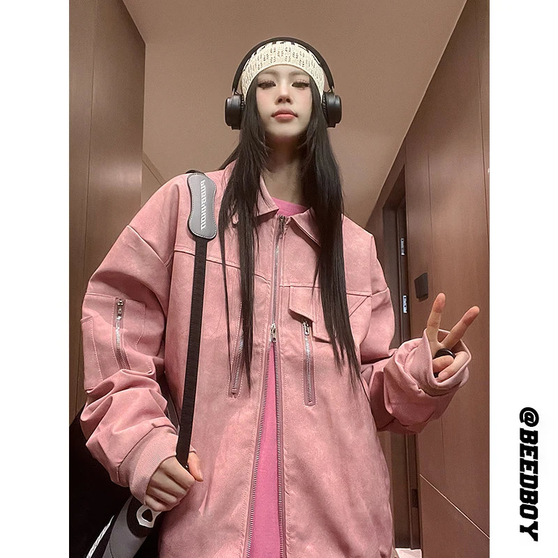 粉色pu皮衣男秋冬季vintage高级感情侣工装上衣潮牌百搭飞行夹克