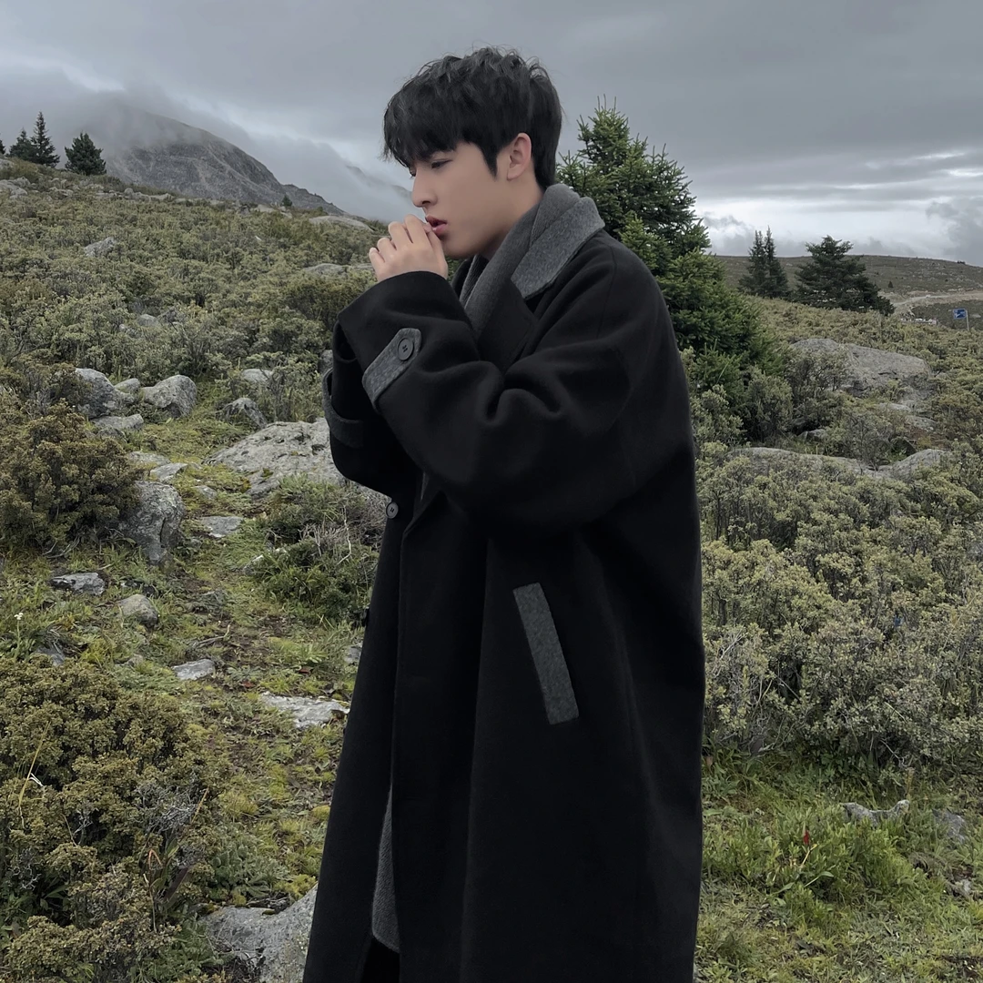 巴尔马肯加厚风衣2023秋冬新款黑色毛呢外套男中长款韩系呢料外套