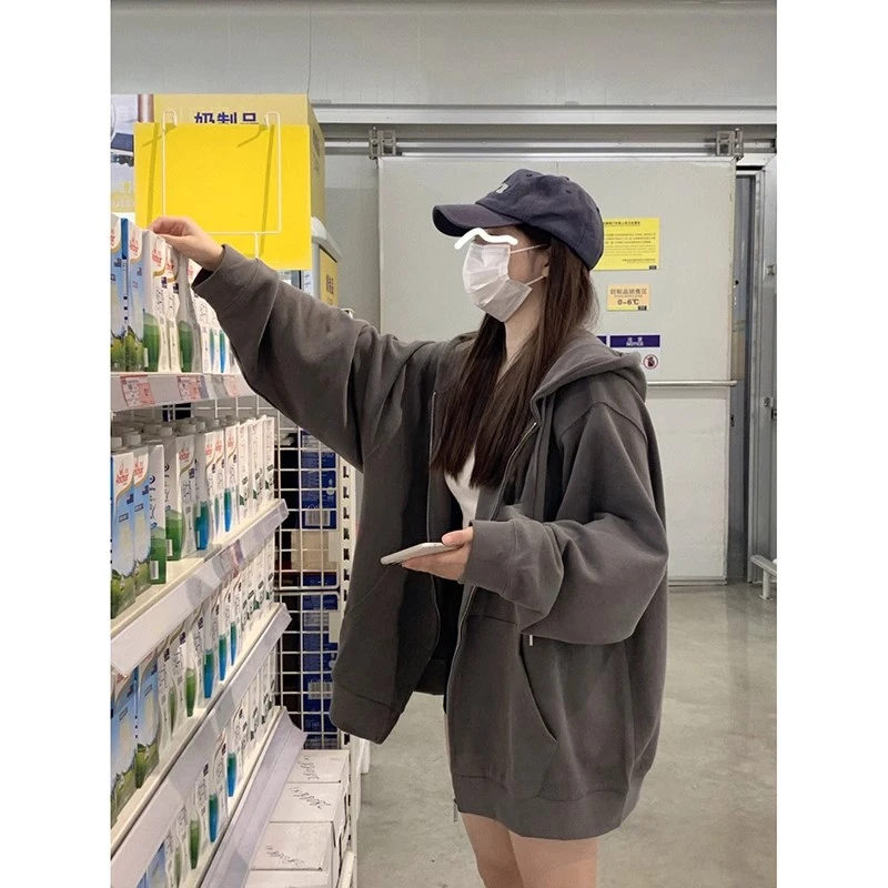 深灰色拉链开衫卫衣男秋冬季加绒情侣上衣欧美潮牌硬挺连帽衫外套