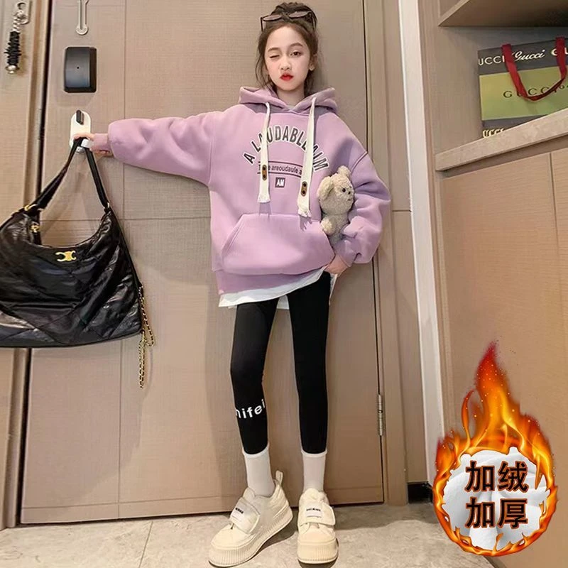 女童加绒秋冬季卫衣2025新款洋气女大童休闲韩版连帽衣服宽松百搭