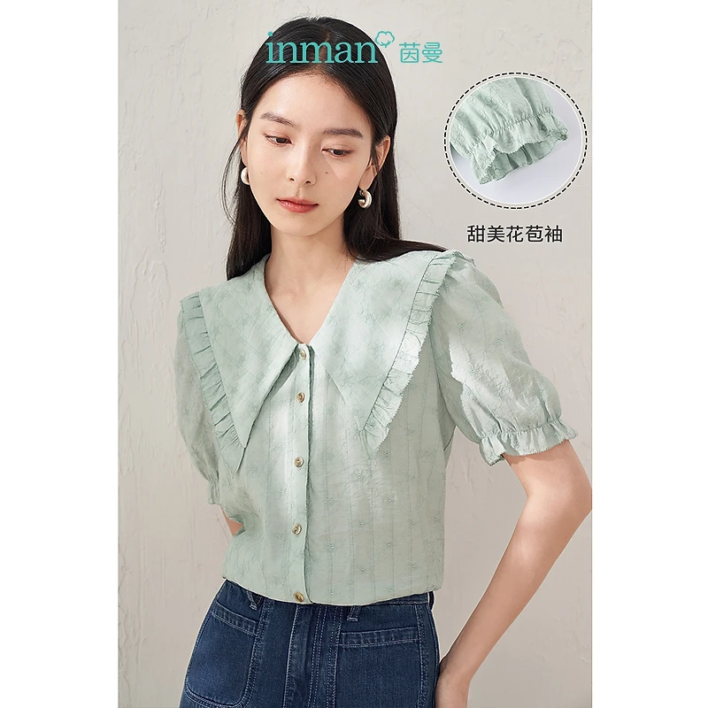 【周年庆】茵曼夏季女衬衫衬衣气质新款短袖泡泡袖刺绣宽松休闲尖领