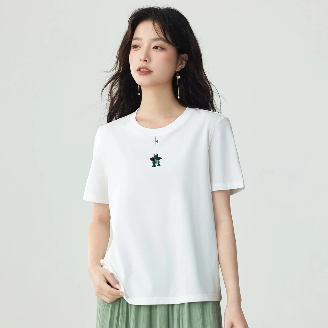 茵曼夏季新款女T恤上衣短袖长袖显瘦时尚休闲刺绣连帽白色